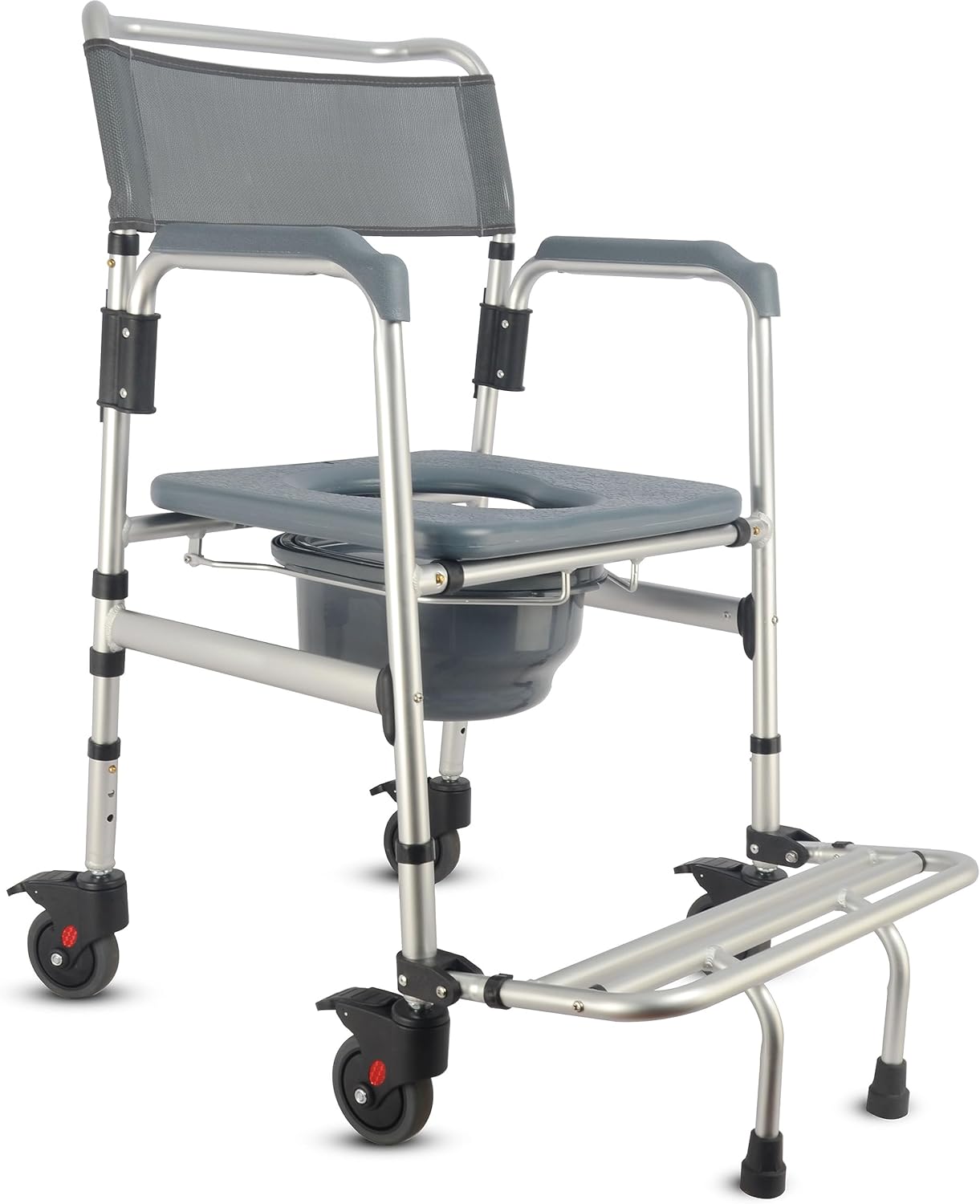 3-in-1 Aluminum Bedside Commode Toilet Shower Chair with Swivel Wheels W3369