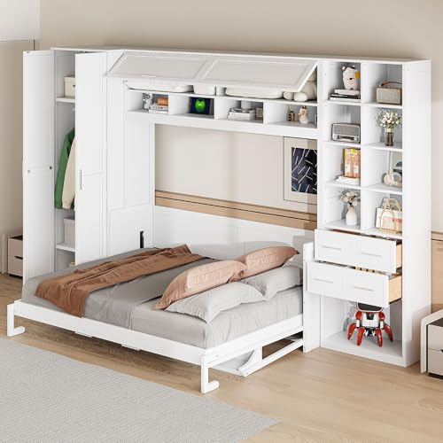 Queen Murphy Bed with Desk, Foldable Queen Wood Wall Bed with Storage Shelves, White B6475