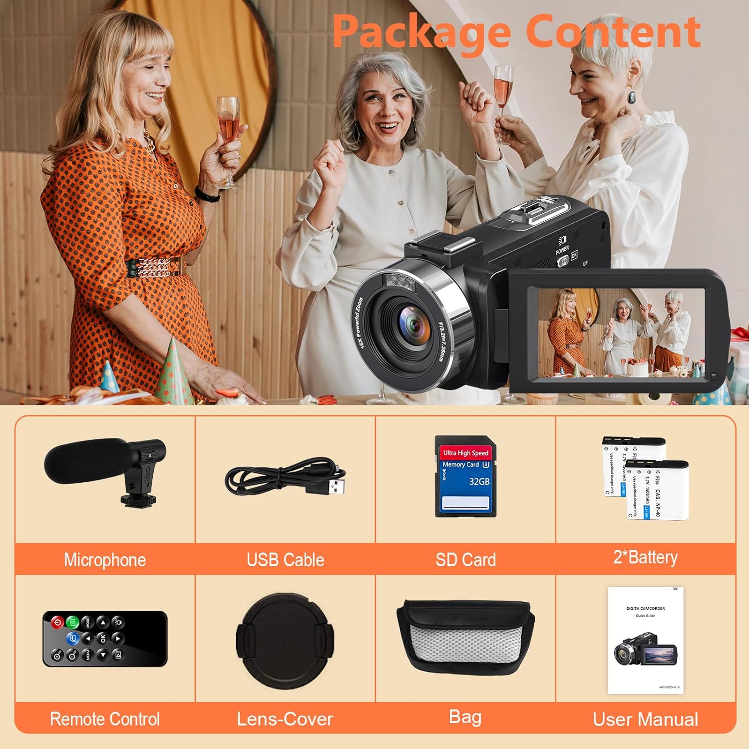 4K 44MP 18X Digital Zoom Camcorder with External Mic V259