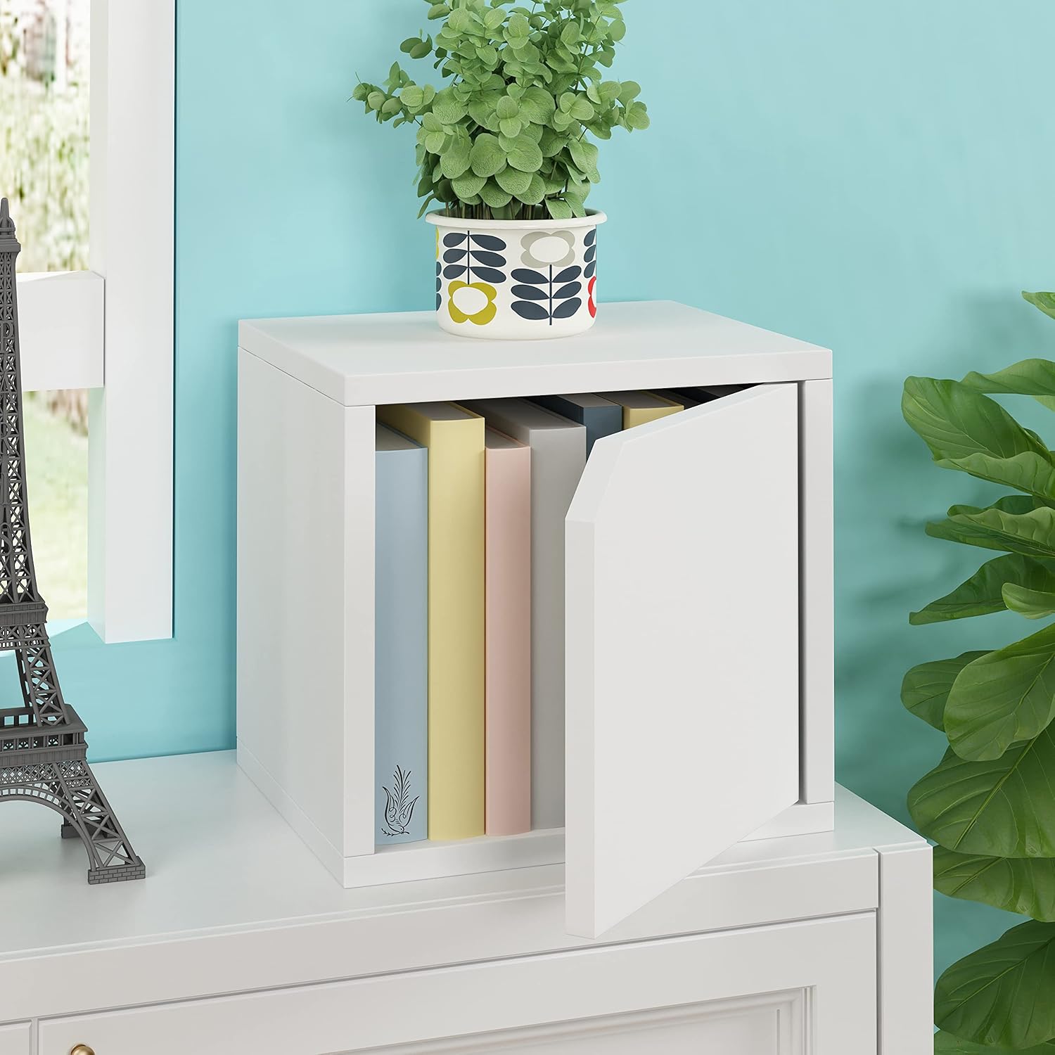 White Stackable Bookshelf Cube with Door Modular Closet Organizer and Storage M3796