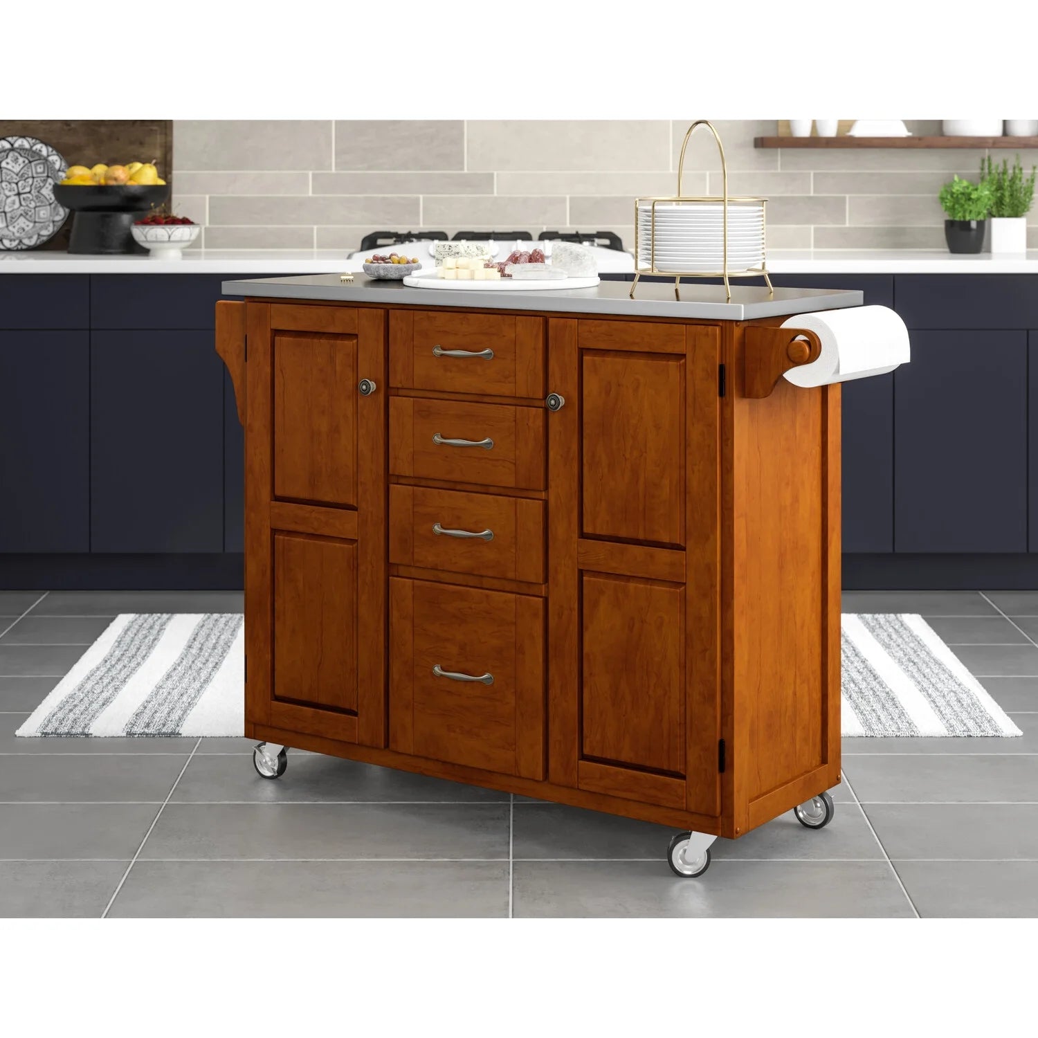 Solid Wood Kitchen Cart with Cherry Stainless Steel Top A8696