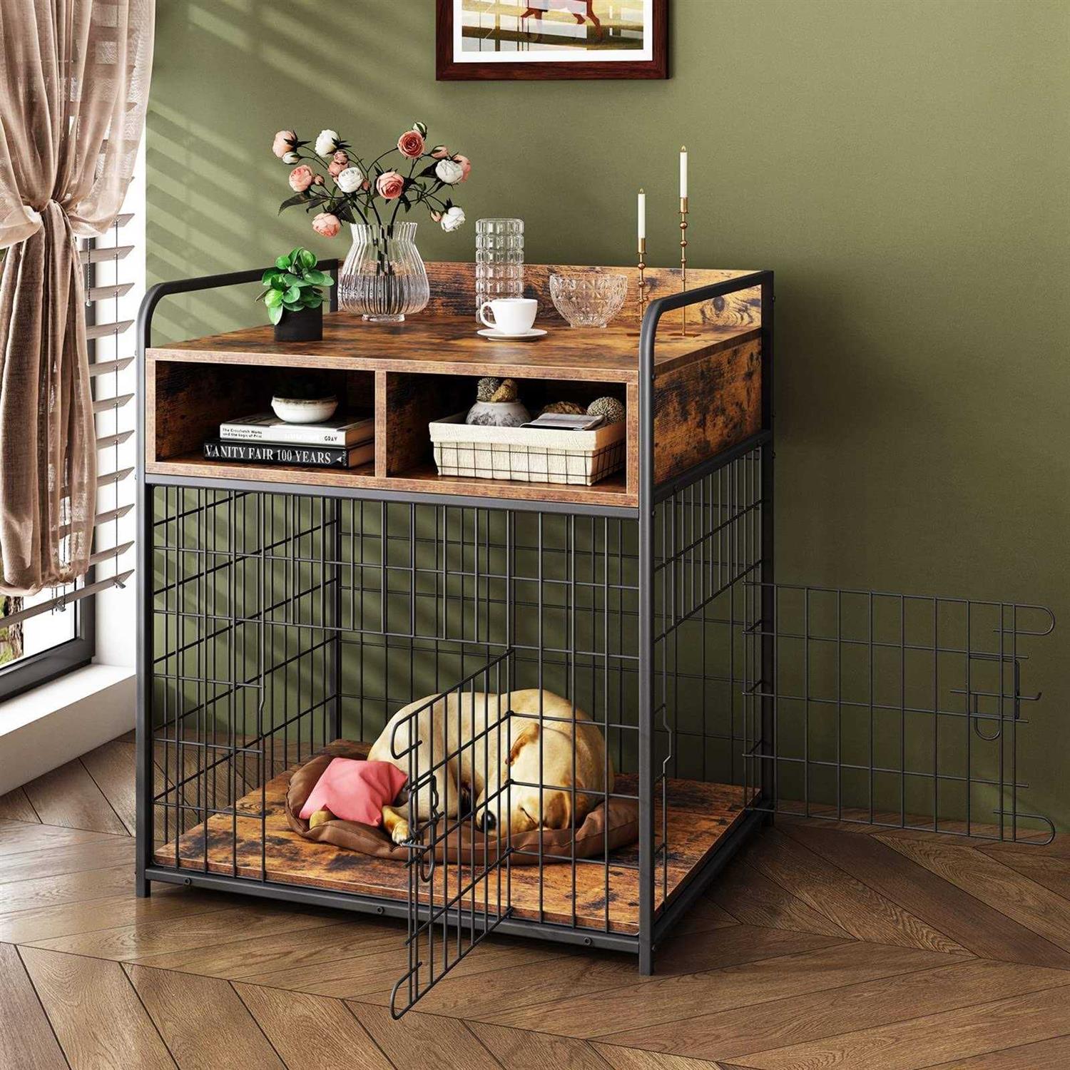 Dog Crate Furniture Wood Dog Cage with Drawers Storage A24631