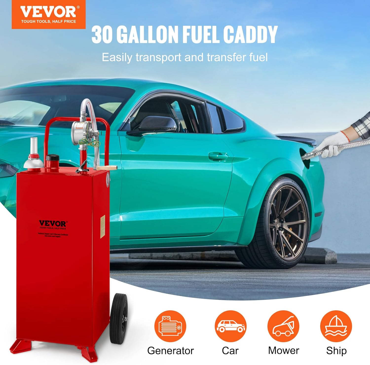 30 Gallon Portable Gas Caddy Fuel Storage Tank with 2 Wheels & Manual Transfer Pump Q13390