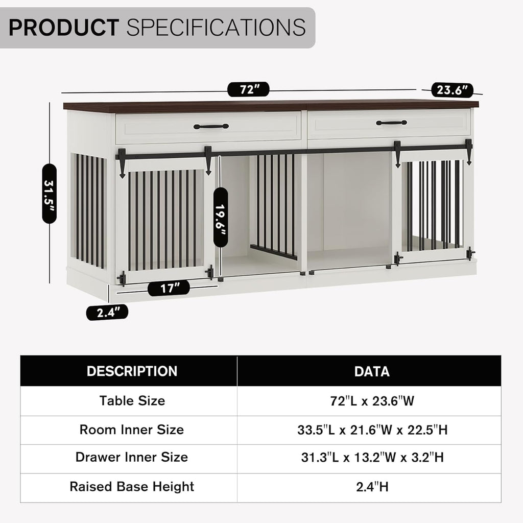 White Wooden Dog Kennel with Sliding Barn Doors and 2 Drawer M679762