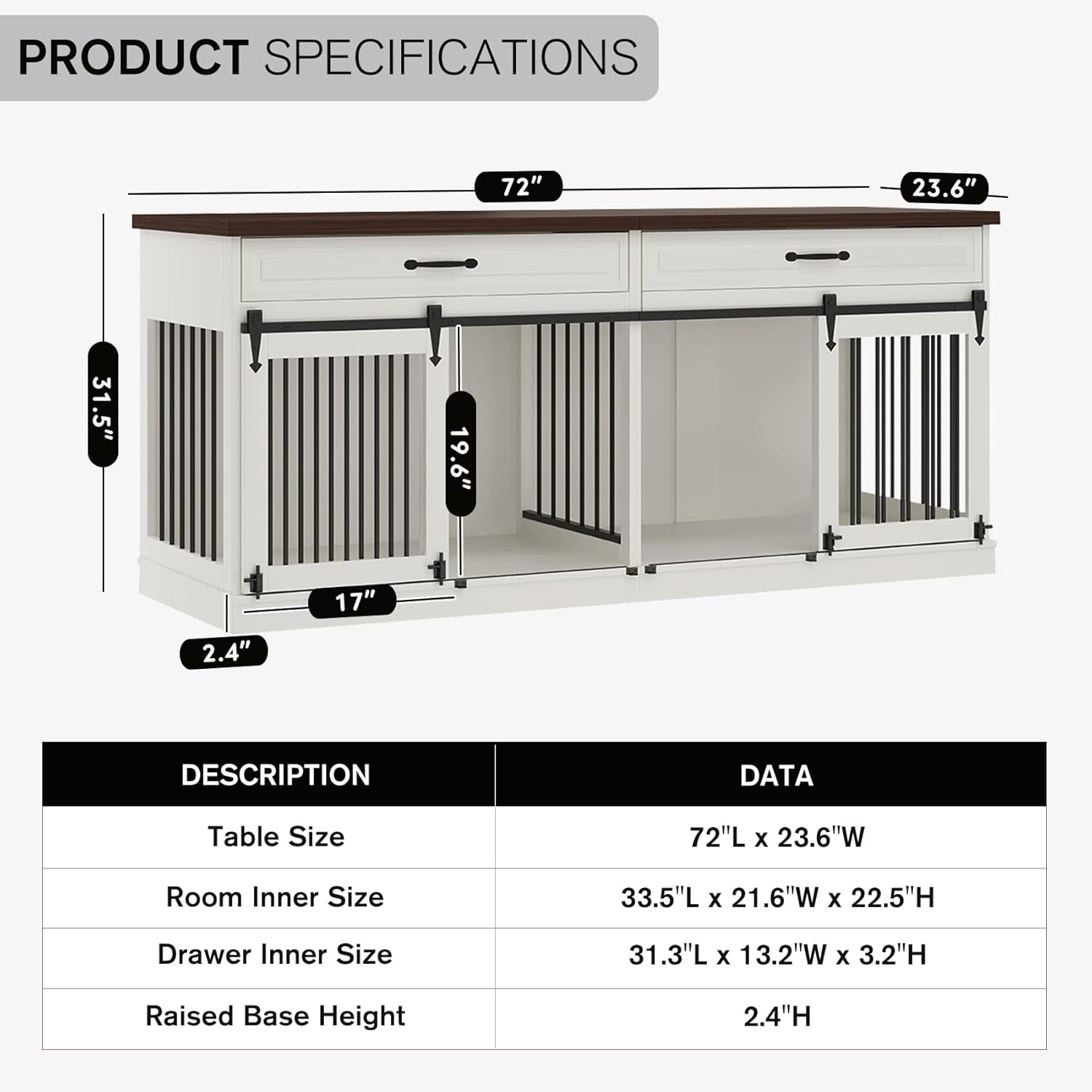 White Wooden Dog Kennel with Sliding Barn Doors and 2 Drawer M679762