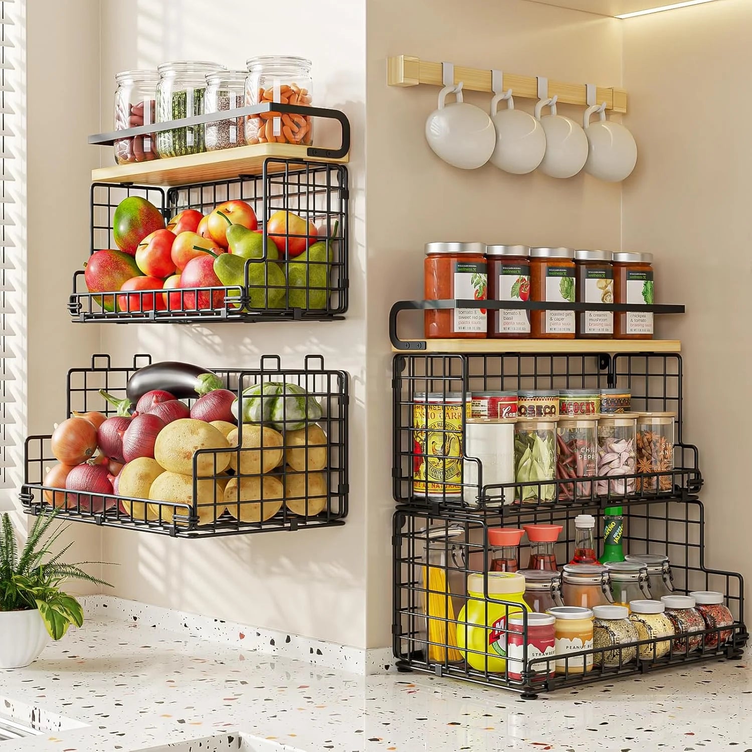 Black 3-Tier Stackable Snack Organizer with Pine Wood Top W44135