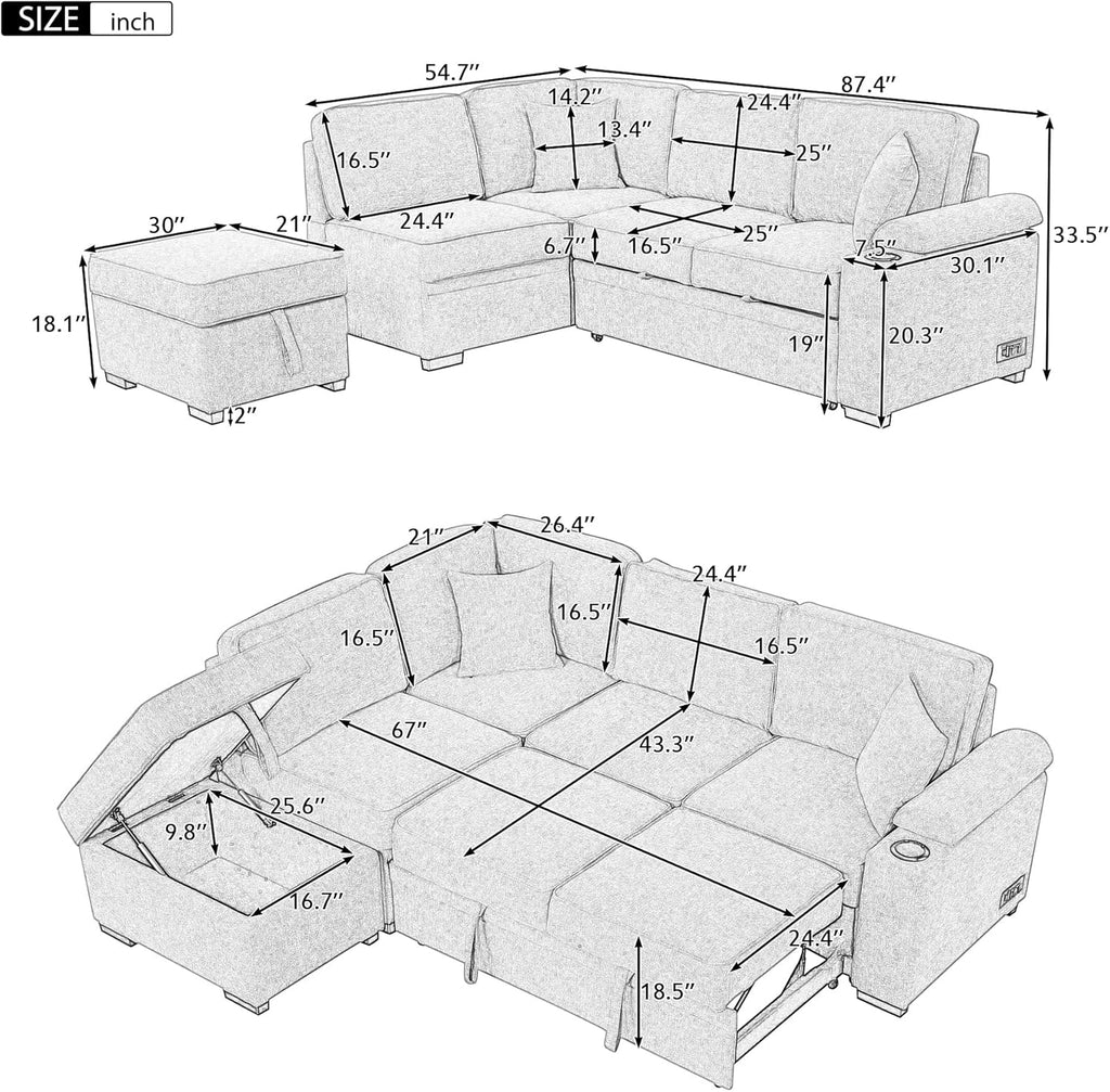 Black 2 in 1 Pull Out L Shape Sleeper Sofa Bed with Storage Ottoman D50902