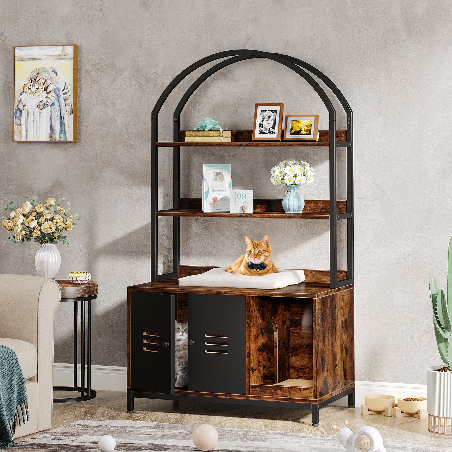 Cat Litter Box Enclosure Furniture with Shelves and Doors X35575