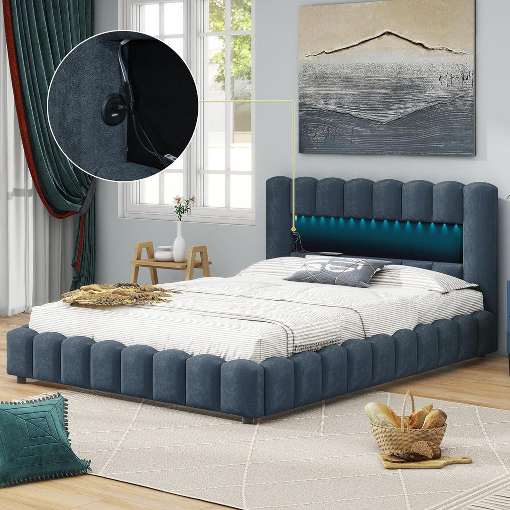 Deep Blue Linen Queen Size Bed with Lift Up Storage Q5927