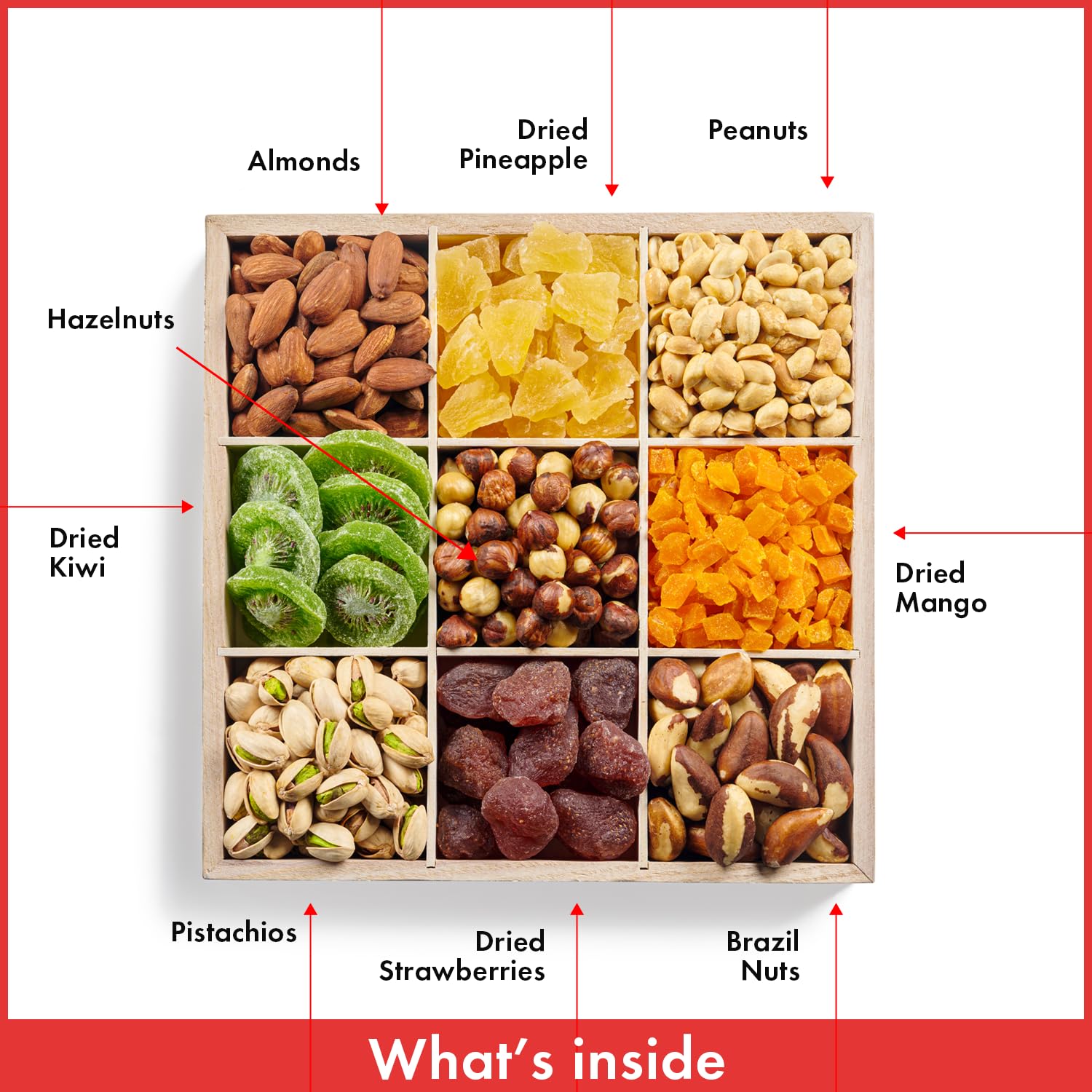 9 Varieties of Fruits & Nuts in Reusable Wooden Crate N1125
