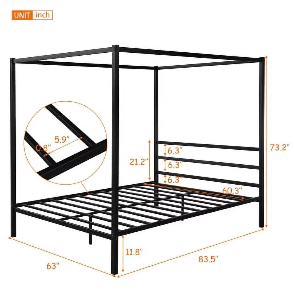 Black Metal Queen Canopy Bed Frame with Headboard Q2932