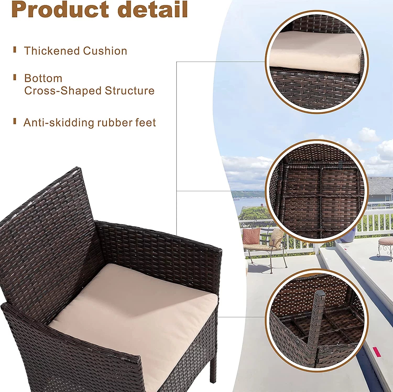 3 Pieces Outdoor Patio Furniture Set with Cushions and Coffee Table Brown C379