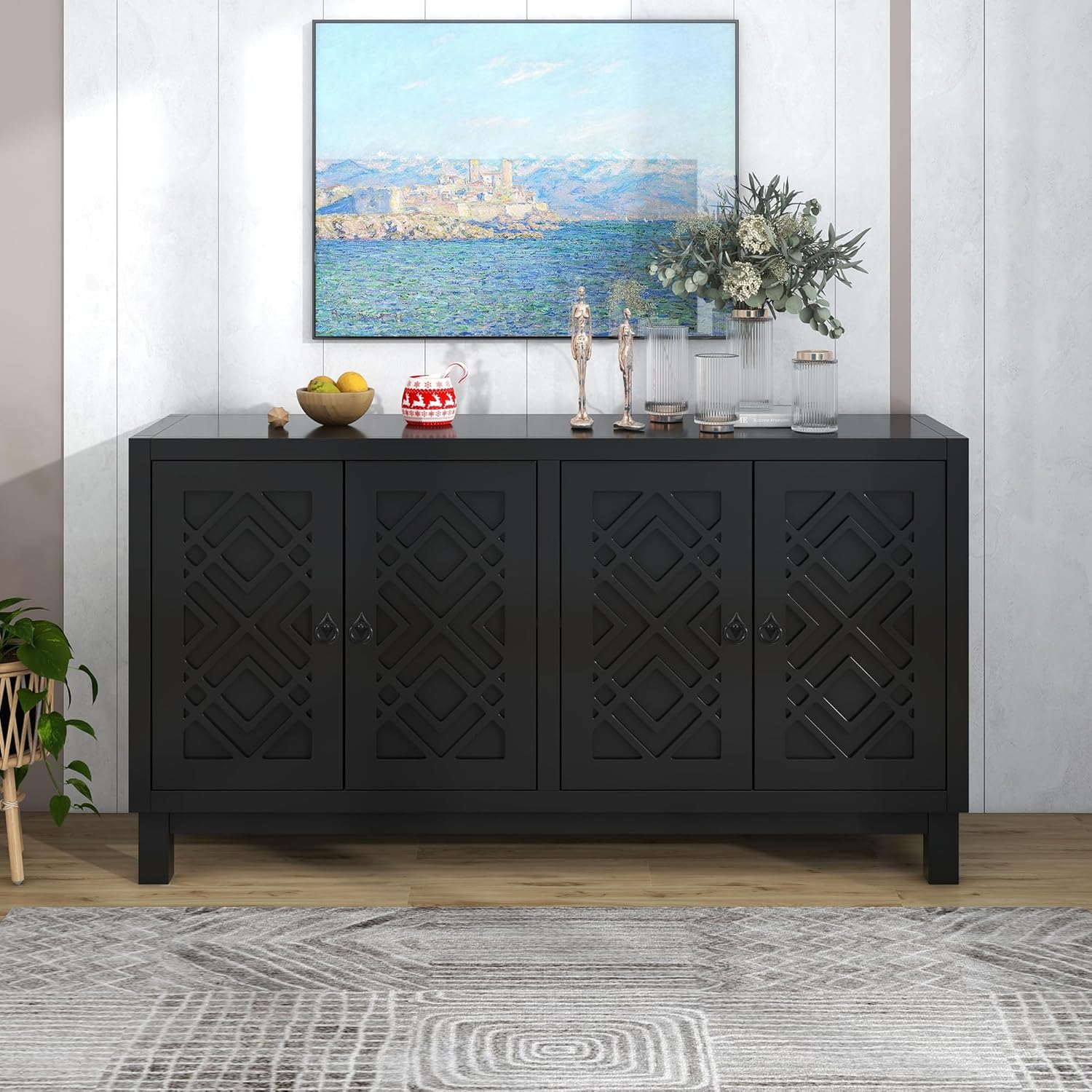 Black 4 Door Storage Cabinet with Pull Ring Handles A86613