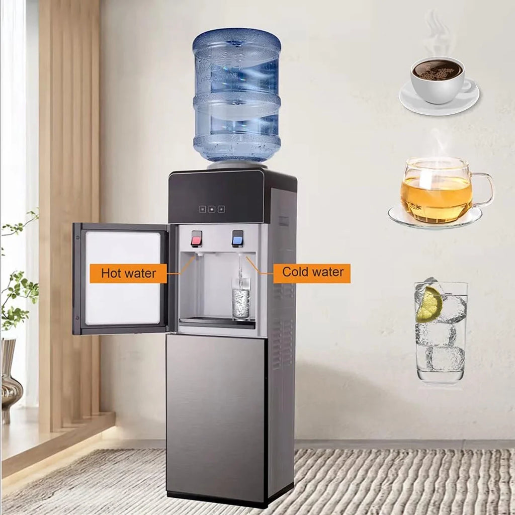 Top-Loading Water Dispenser for 5 Gallon Bottles, Hot & Cold Water Cooler with Storage Cabinet & Glass Door, Gray Y79674