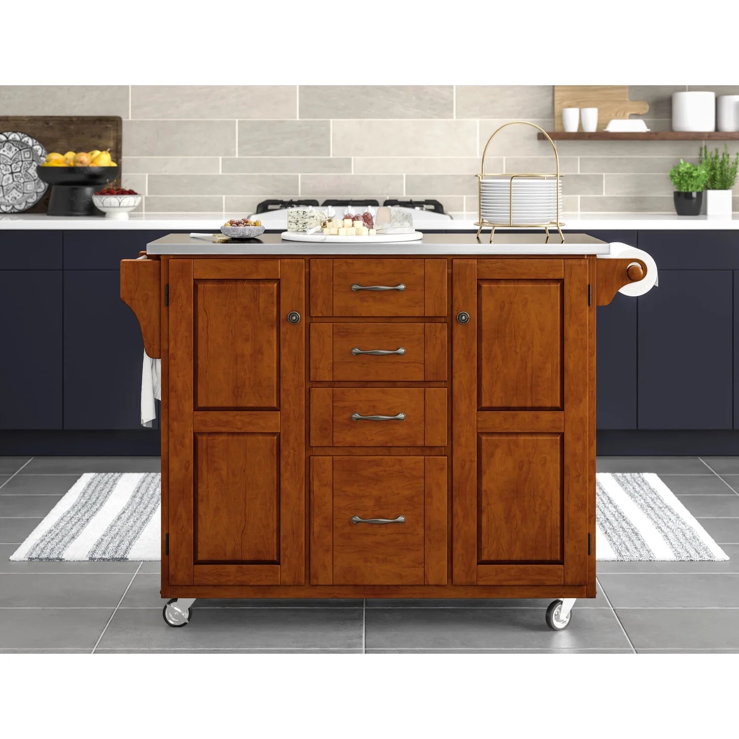 Solid Wood Kitchen Cart with Cherry Stainless Steel Top A8696
