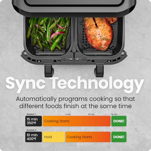 6 Quart Dual Basket Air Fryer Oven with Easy View Windows, Nonstick Frying Baskets - Black A1468