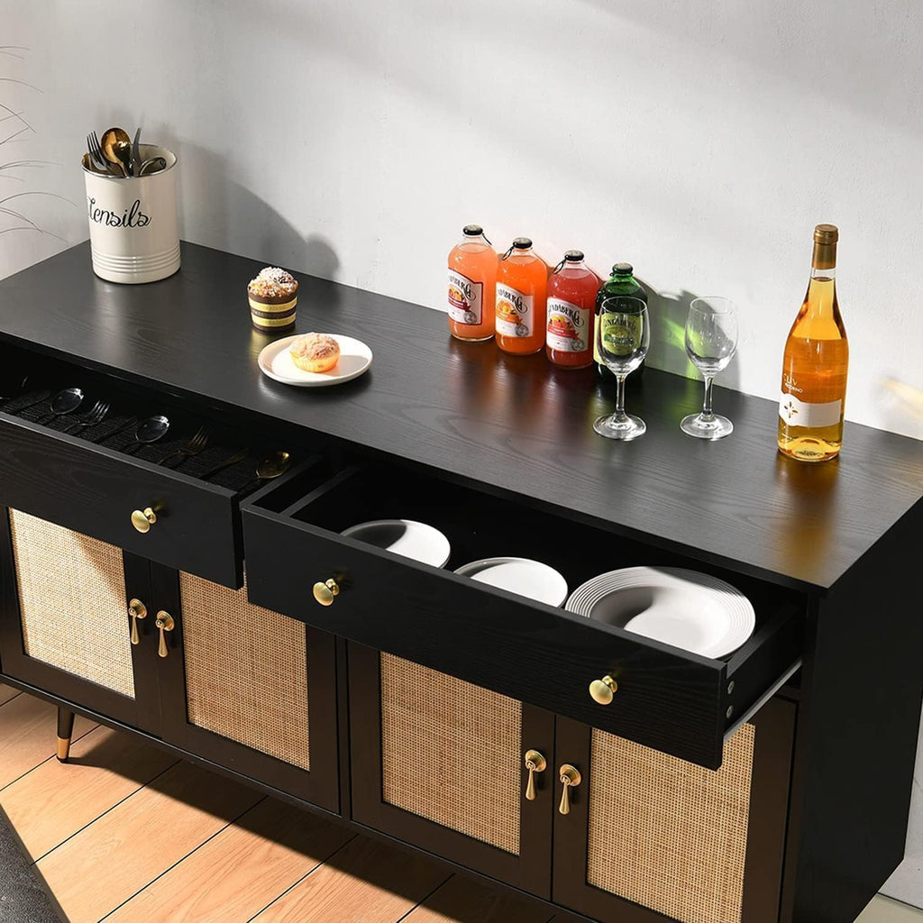 Black Sideboard Storage Cabinet with 4 Rattan Doors and 2 Drawers G3589