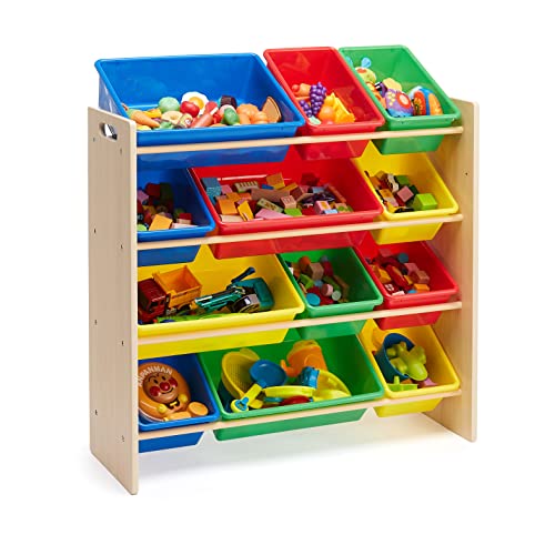 White Wood Kids Toy Storage Organizer with 12 Plastic Pink Bins E89362