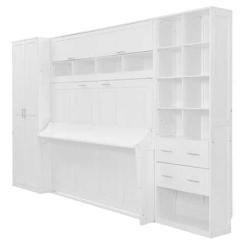 Queen Murphy Bed with Desk, Foldable Queen Wood Wall Bed with Storage Shelves, White B6475