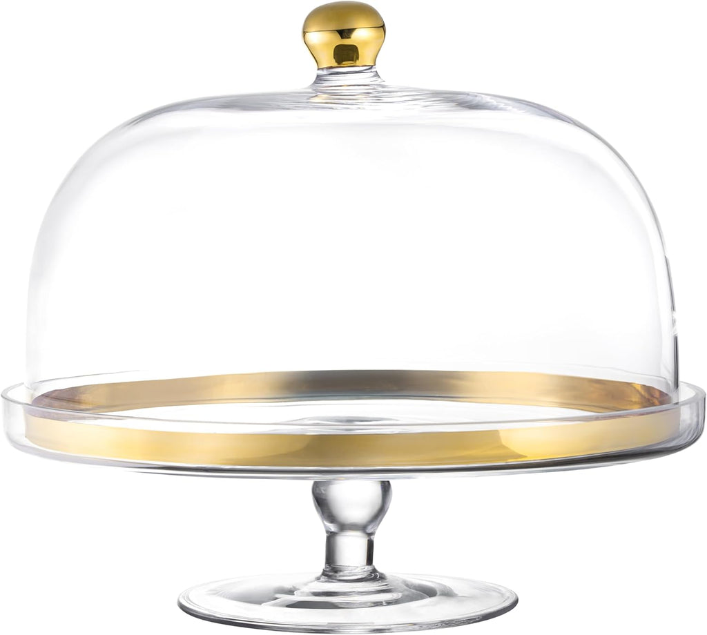 Glass Cake Stand with Dome Gold Rim Gold Knob 11.75" Diameter X108