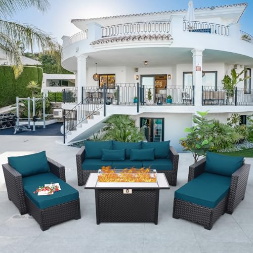 6 Piece HDPE Wicker Patio Conversation Sofa Set with Grey Cushions N65525