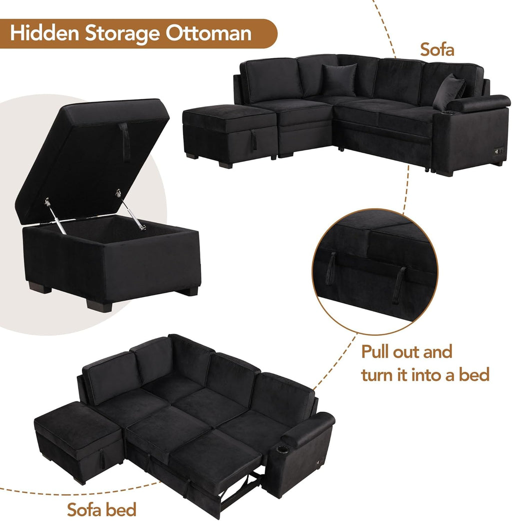 Black 2 in 1 Pull Out L Shape Sleeper Sofa Bed with Storage Ottoman D50902