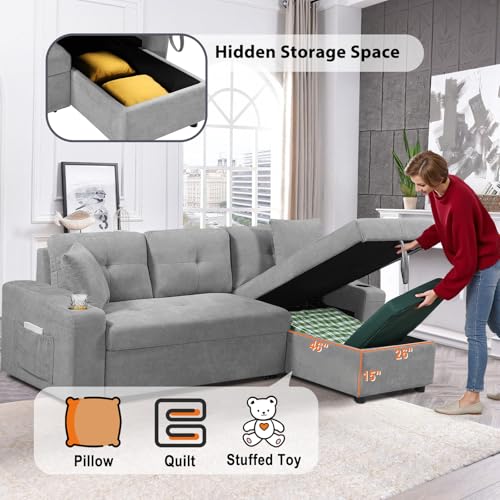 92" Reversible Sleeper Sectional Sofa with Storage Chaise, Light Gray Linen Fabric W176