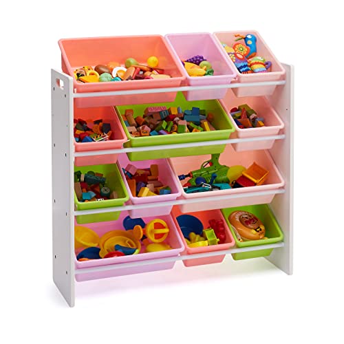 White Wood Kids Toy Storage Organizer with 12 Plastic Pink Bins E89362