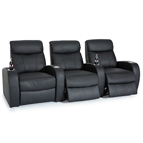 Black Top Grain Leather Powered Recline Row of 3 Home Theater Seating L5851