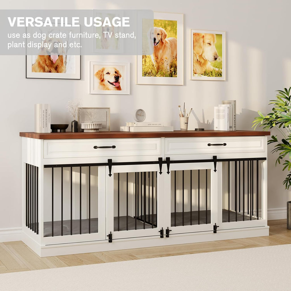 White Wooden Dog Kennel with Sliding Barn Doors and 2 Drawer M679762