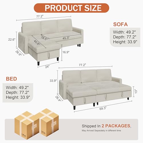 Beige Corduroy L-Shaped Sleeper Sofa with Storage J29785