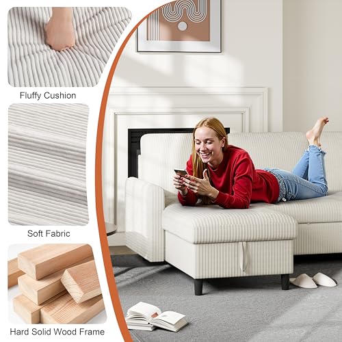 Beige Corduroy L-Shaped Sleeper Sofa with Storage J29785