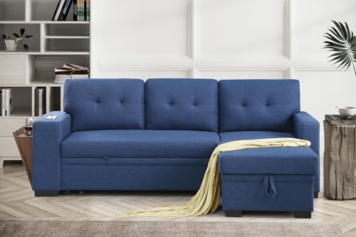 Blue Linen L Shaped Sectional Sofa with Pull Out Bed and Storage Chaise A474041