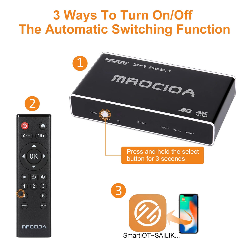 HDMI 2.1 Switch 8k 3in 1 out HDMI Splitter with IR Remote D498585
