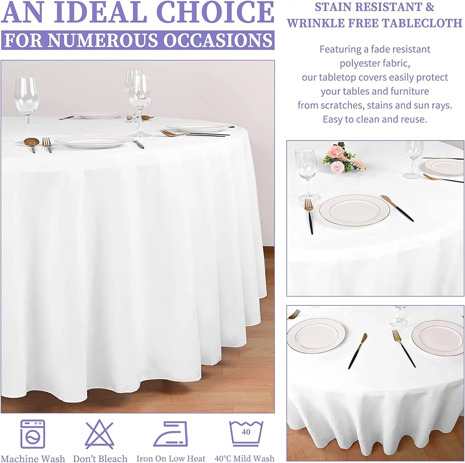 8 Pack 120 Inch White Round Polyester Tablecloth J3143