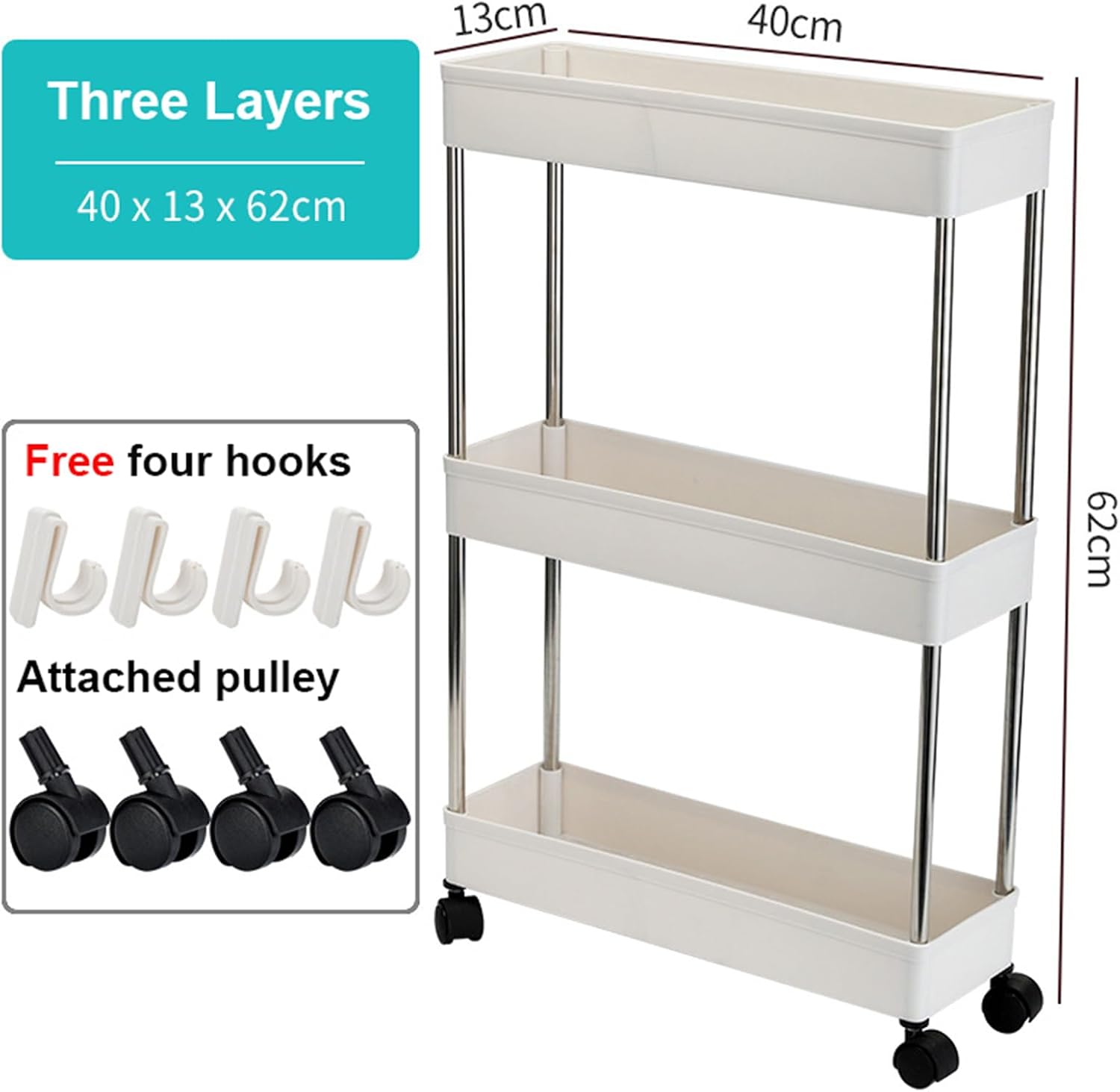 White 3 Tier Slim Rolling Storage Cart L414
