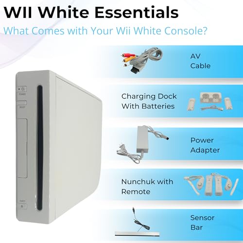 White Wii Console with 2 Remotes, 2 Nunchucks, Dual Dock Stand, Sensor Bar, AV Cable and 2 Gaming Sleeves K94767