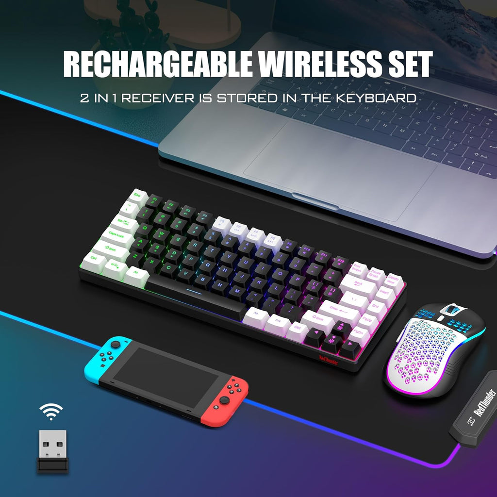 Wireless Keyboard and Mouse Combo, Rainbow Backlit Rechargeable, 75% Layout TKL Ultra Compact Gaming Keyboard & Lightweight 3200 DPI Optical Mouse (Black-White) M288