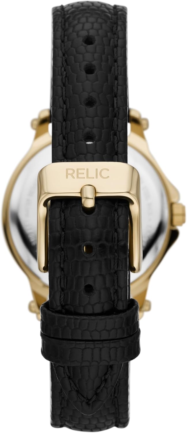 Gold Alloy Metal and Black Leather Band Watch E705954