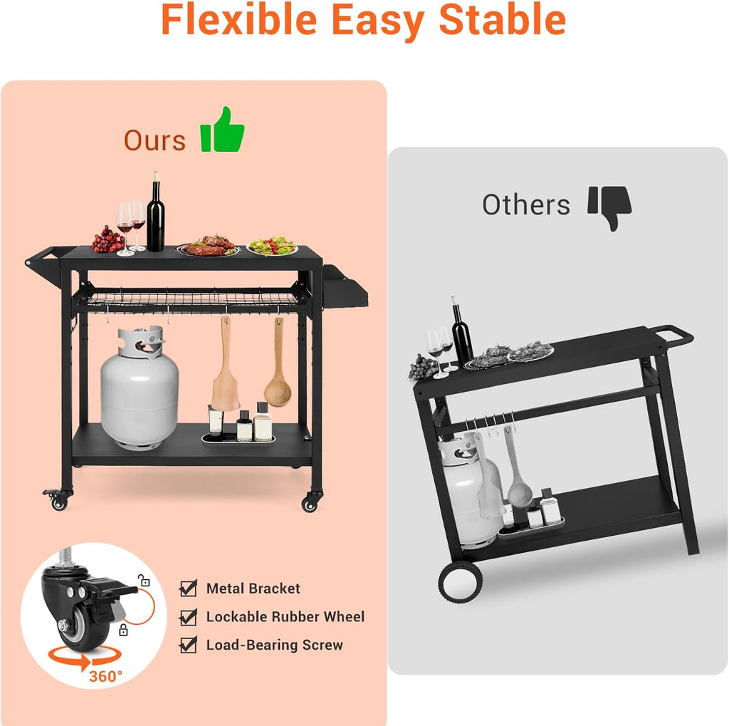 Black Outdoor Grill Cart with Mesh Racks H640