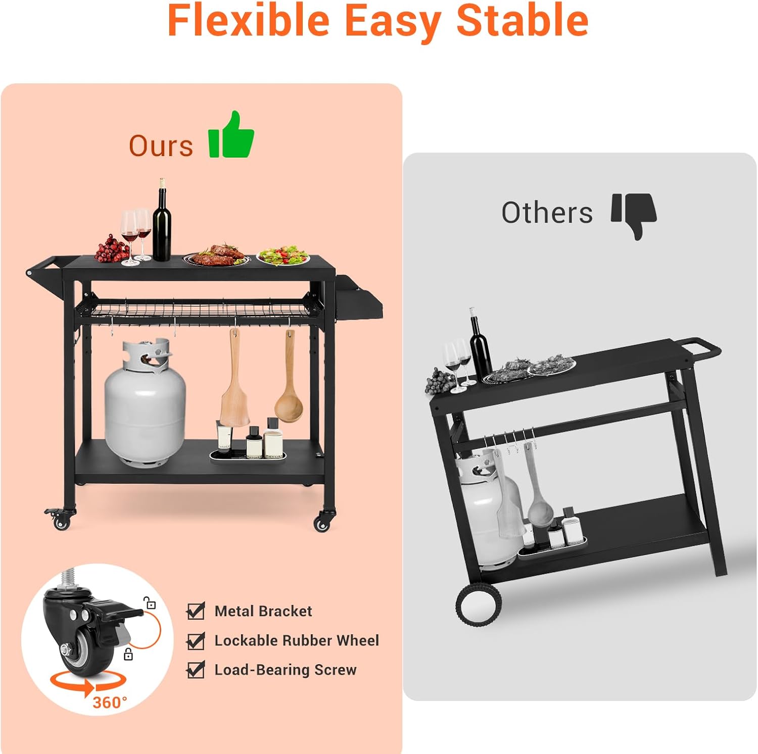 Black Outdoor Grill Cart with Mesh Racks H640