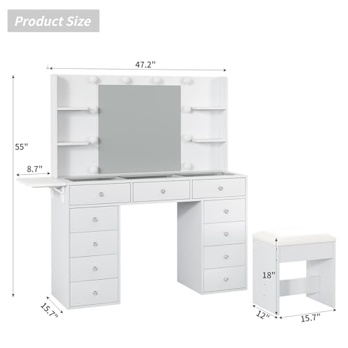White 11 Drawer Vanity Desk with Lighted Mirror W1800