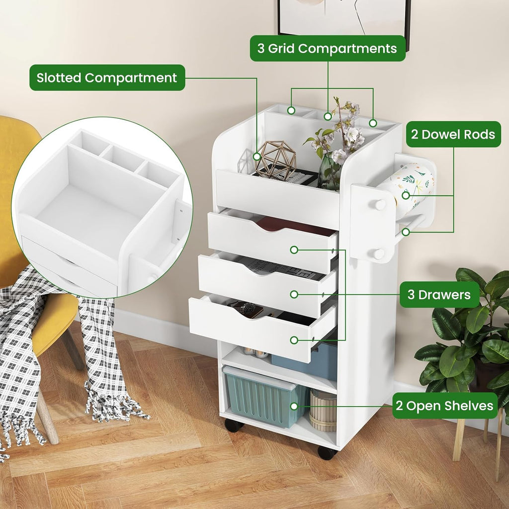Rolling Storage Drawer Cart with 3 Drawers, 2 Open Shelves, Lockable Casters M228192