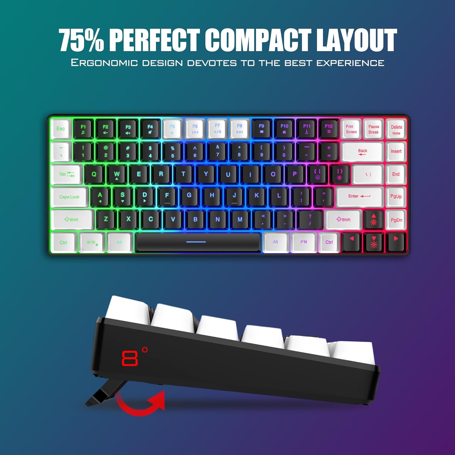Wireless Keyboard and Mouse Combo, Rainbow Backlit Rechargeable, 75% Layout TKL Ultra Compact Gaming Keyboard & Lightweight 3200 DPI Optical Mouse (Black-White) M288