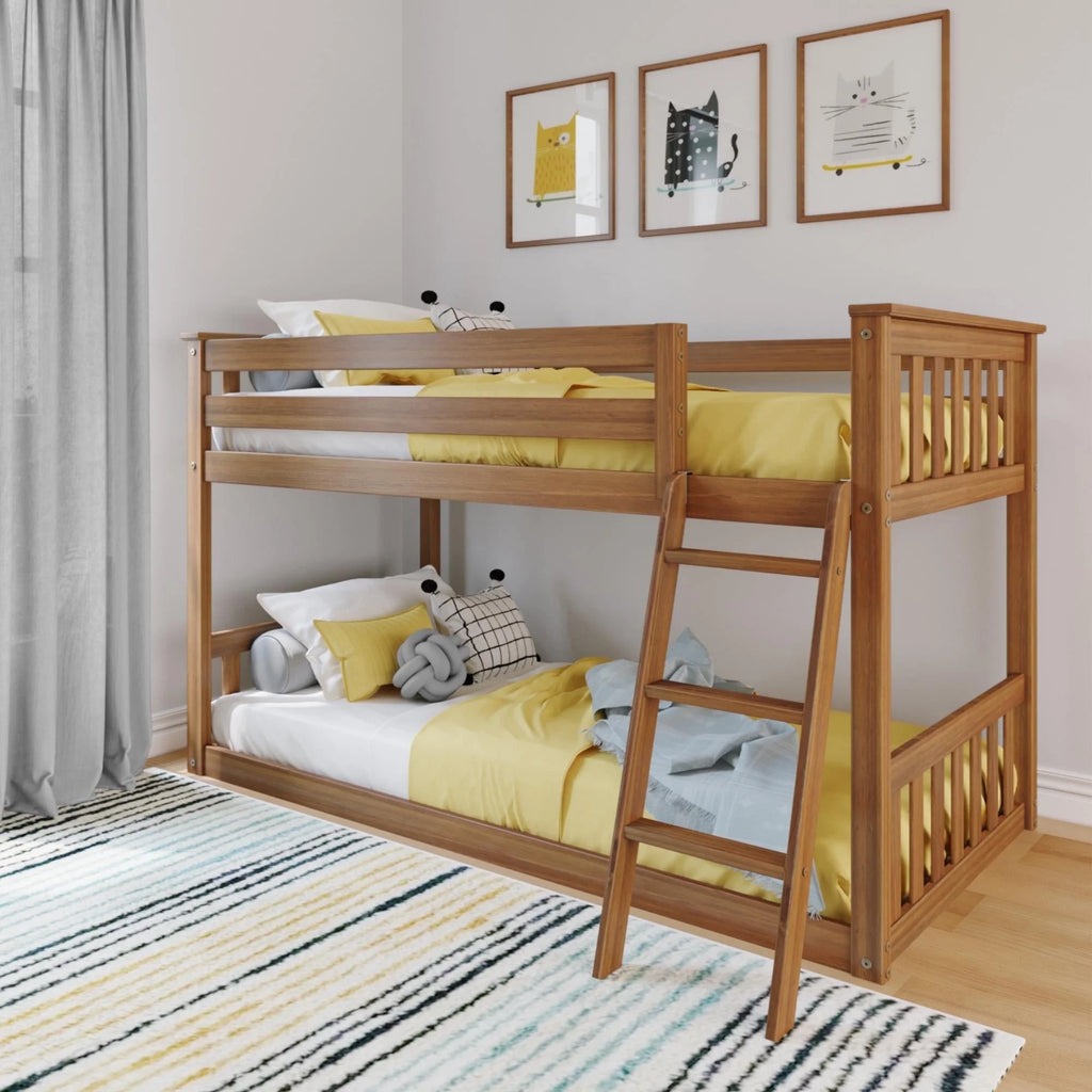 Twin over Twin Solid Wood Low Bunk Bed with Ladder, Pecan Z524569
