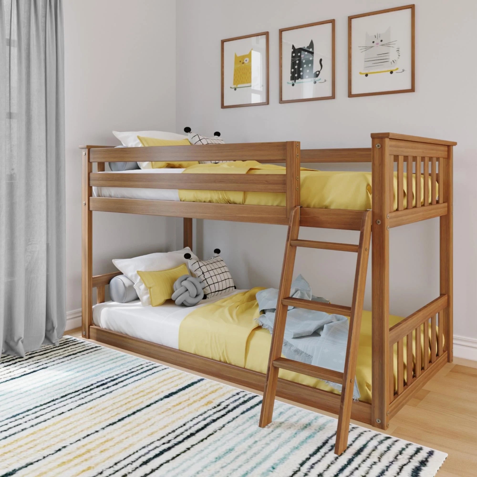Twin over Twin Solid Wood Low Bunk Bed with Ladder, Pecan Z524569