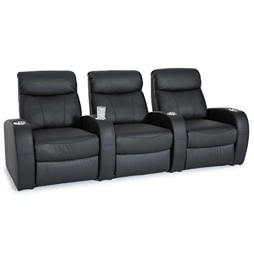 Black Top Grain Leather Powered Recline Row of 3 Home Theater Seating L5851