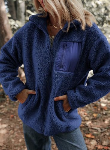 Womens Fleece Jackets Long Sleeve Warm Teddy Coats with Pockets A7965