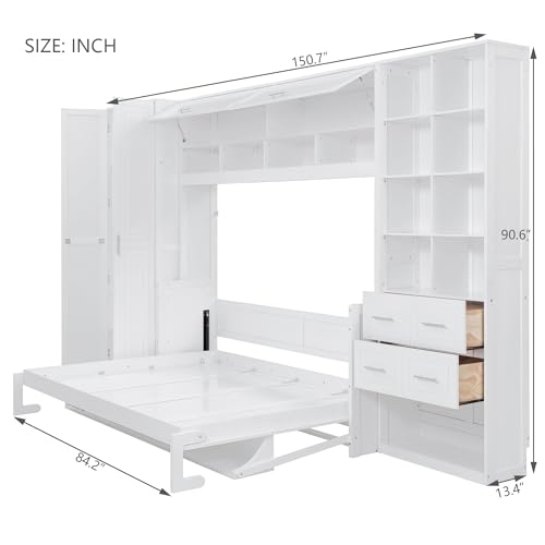Queen Murphy Bed with Desk, Foldable Queen Wood Wall Bed with Storage Shelves, White B6475