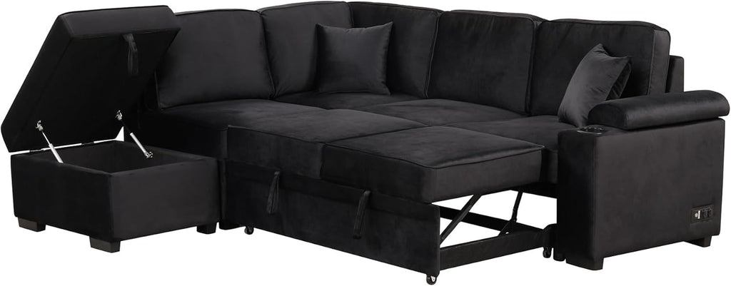 Black 2 in 1 Pull Out L Shape Sleeper Sofa Bed with Storage Ottoman D50902